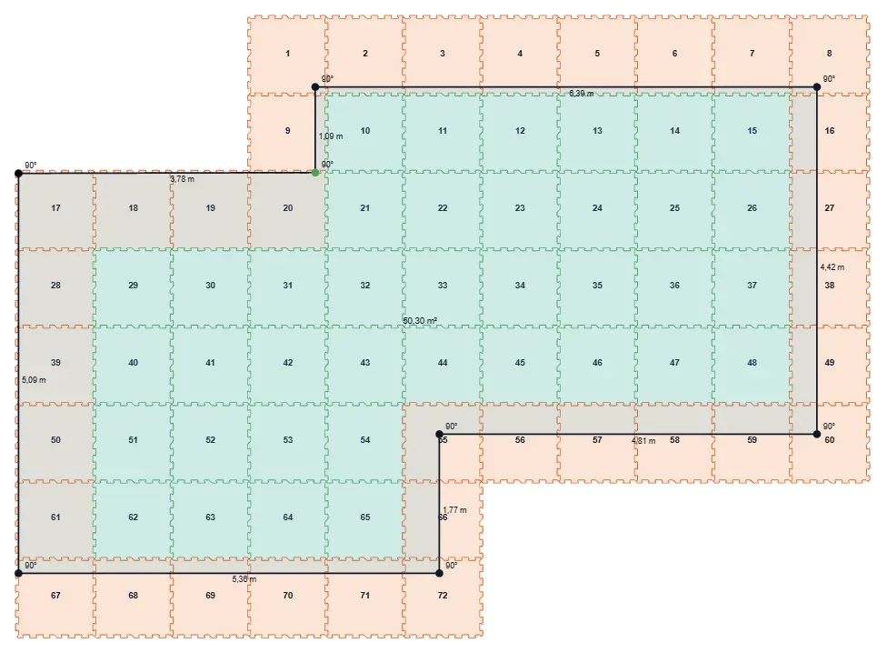 Przykładowy rzut pomieszczenia z nałożoną siatką mat gumowych puzzle — rozrys pokrycia sali