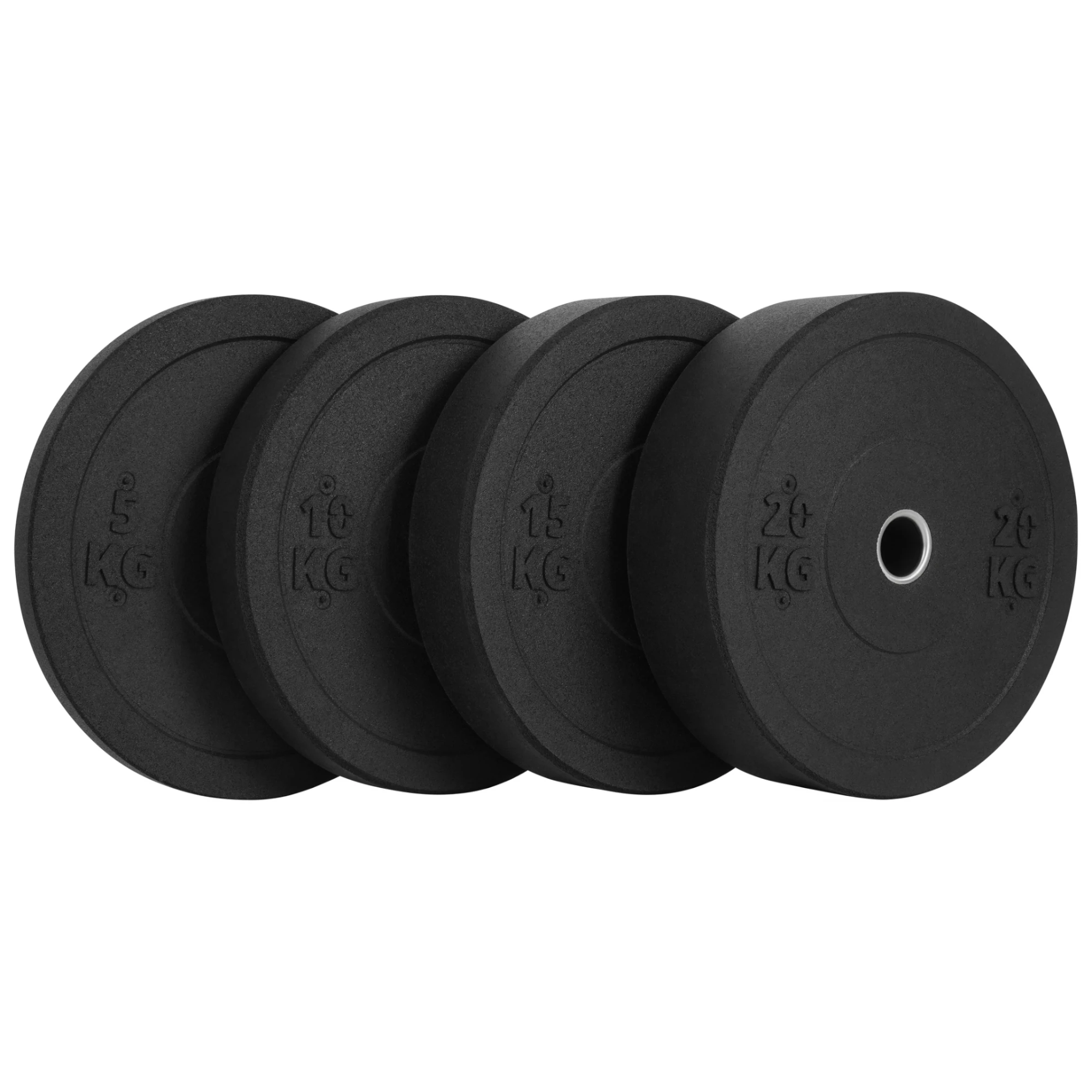 Talerze Bumper Essential 5, 10, 15 i 20 kg w rzędzie – jednakowa średnica zewnętrzna 450 mm