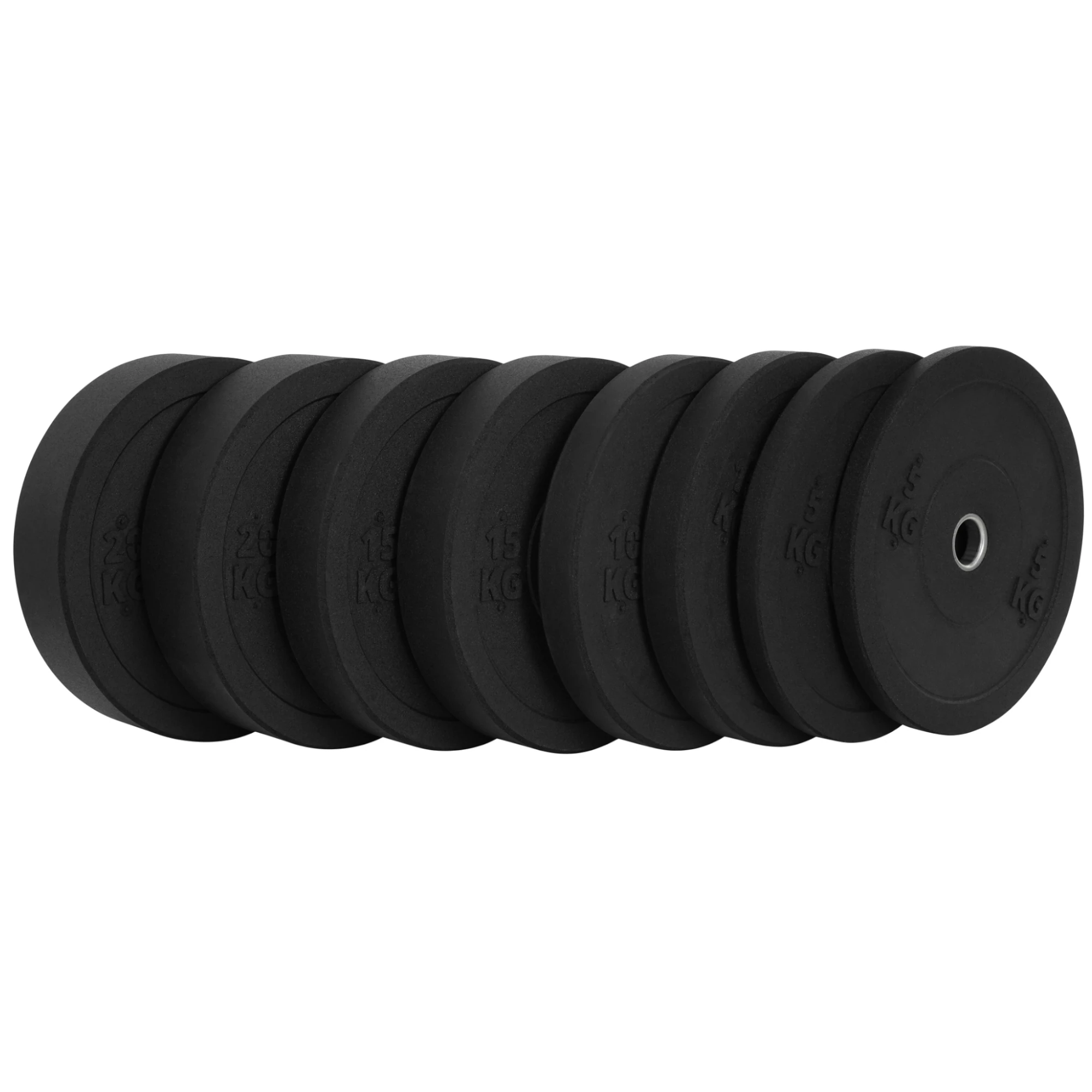 Skład zestawu Bumper Essential 100 kg – talerze 5, 10, 15 i 20 kg ustawione w rzędzie